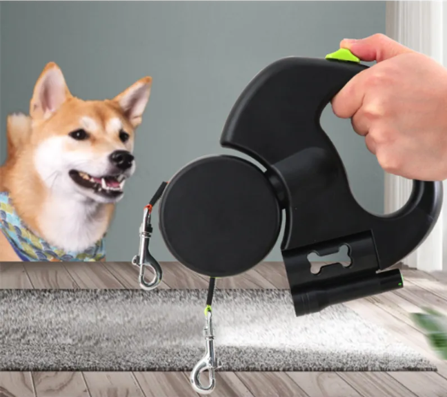 Auto Double Dog Leash — Telescopic with Light